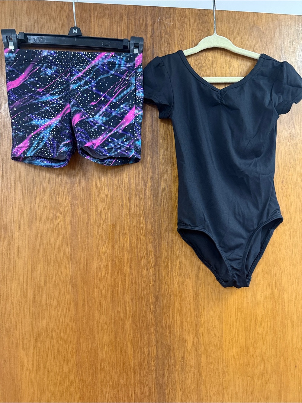 Danskin Black Leotard with Galaxy Print Dance Shorts - Black, Purple, Blue